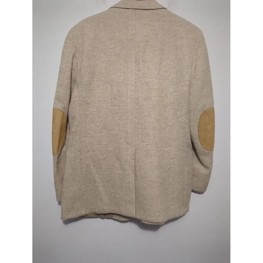 Adams Row Mens 100%‎ Wool Herringbone Blazer Beige Tan Elbow Patches Sport Coat